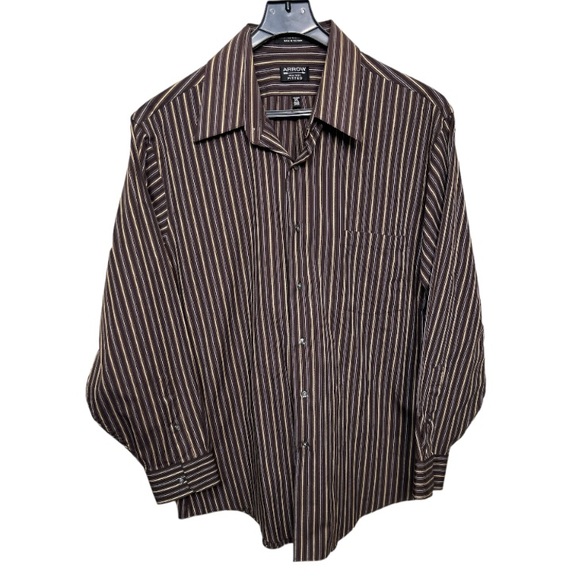 Arrow Casual Striped Dress Shirt Fitted Wrinkle Free Brown Tan - Picture 3 of 17